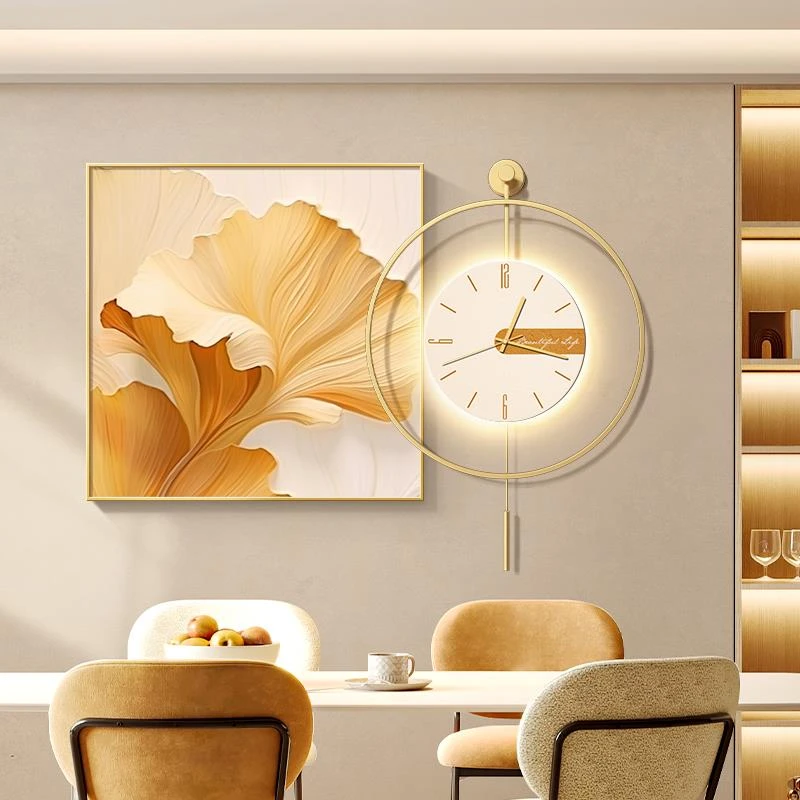 奶油风餐厅装饰画钟表挂钟客厅银杏叶壁画高档饭厅餐桌背景墙挂画