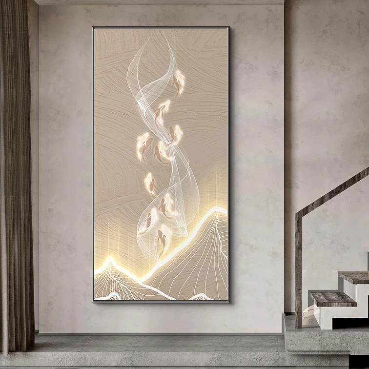 九鱼图艺术入户玄关装饰画山水客厅走廊挂画寓意好轻奢晶瓷装饰画