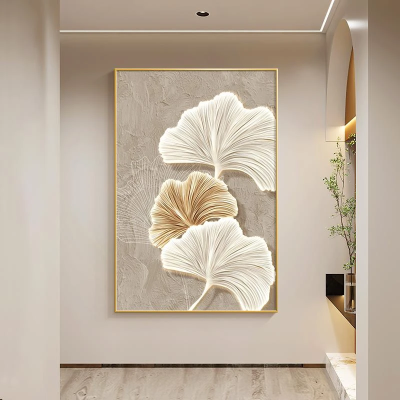 奶油风入户玄关装饰画九鱼图走廊过道挂画简约银杏叶客厅装饰画