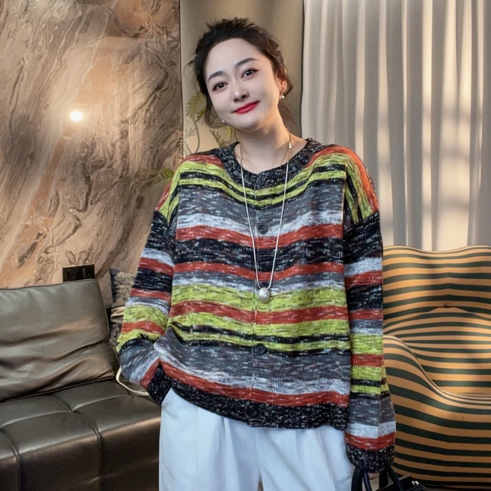 【冲姐】复古慵懒风针织衫外套秋冬彩色条纹开衫毛衣女