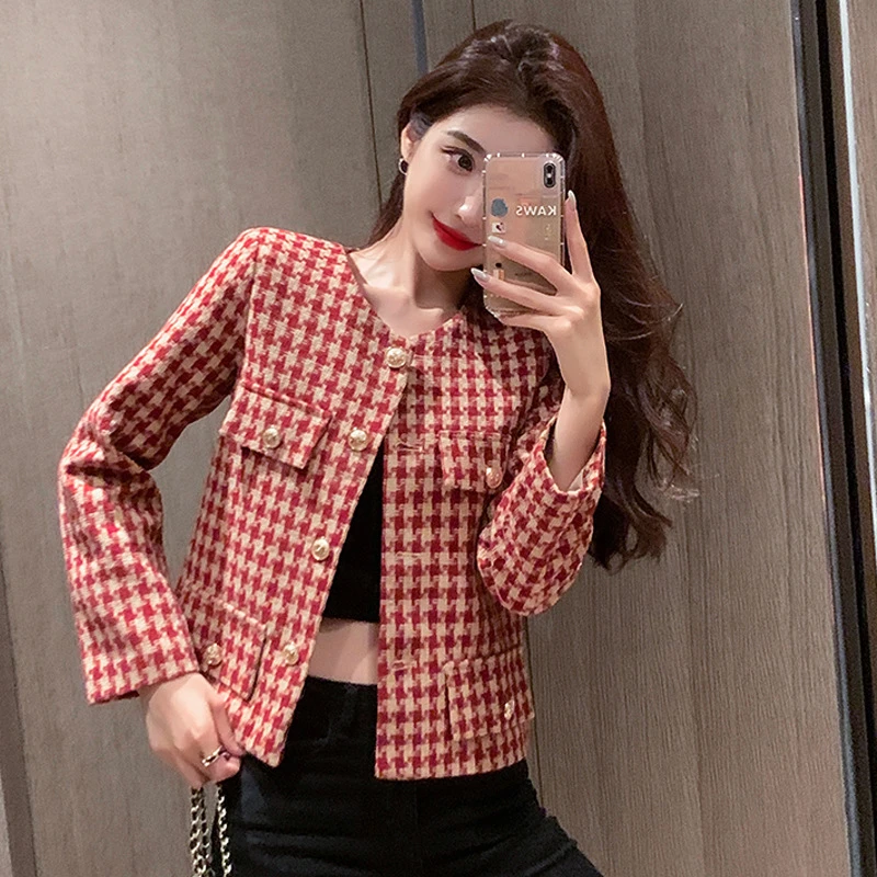 2025春秋装新款小香风洋气外套韩版显瘦百搭千鸟格时尚气质短外套