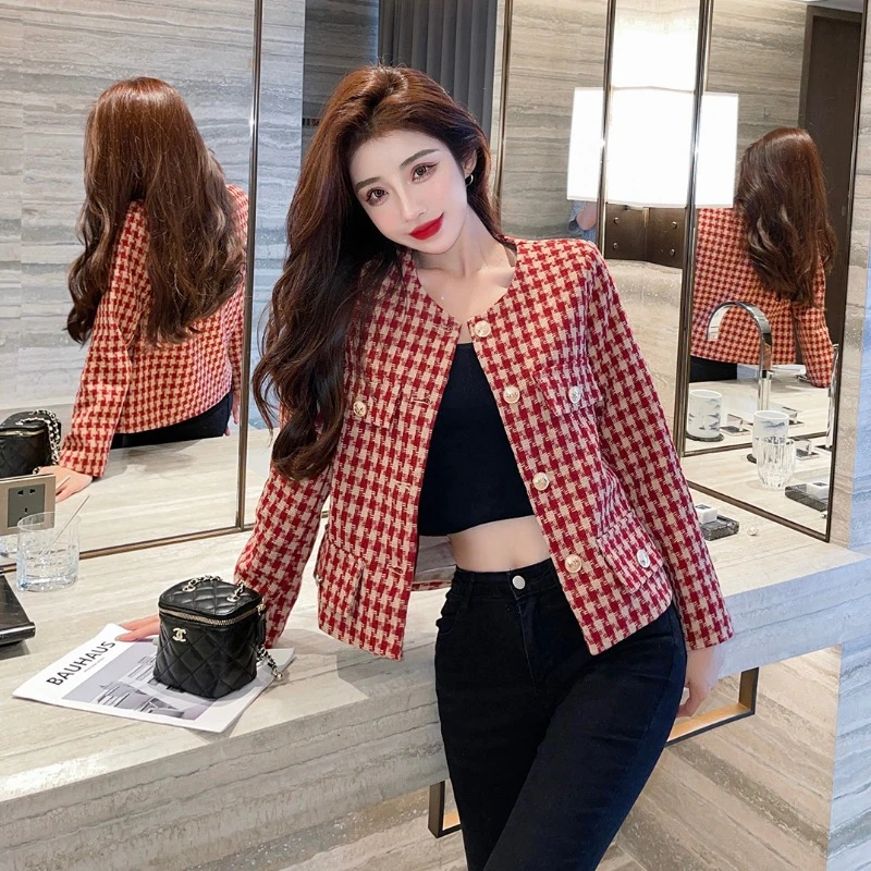 春秋装新款小个子女装小香风短外套韩版显瘦百搭千鸟格子洋气外套