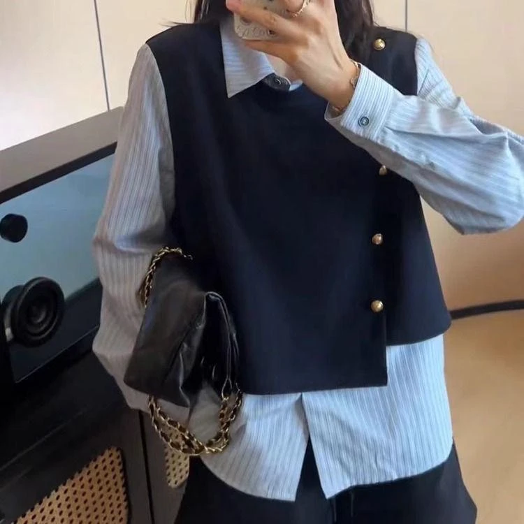 假两件条纹衬衫春季新款设计感小众宽松百搭时尚上衣洋气衬衣0160