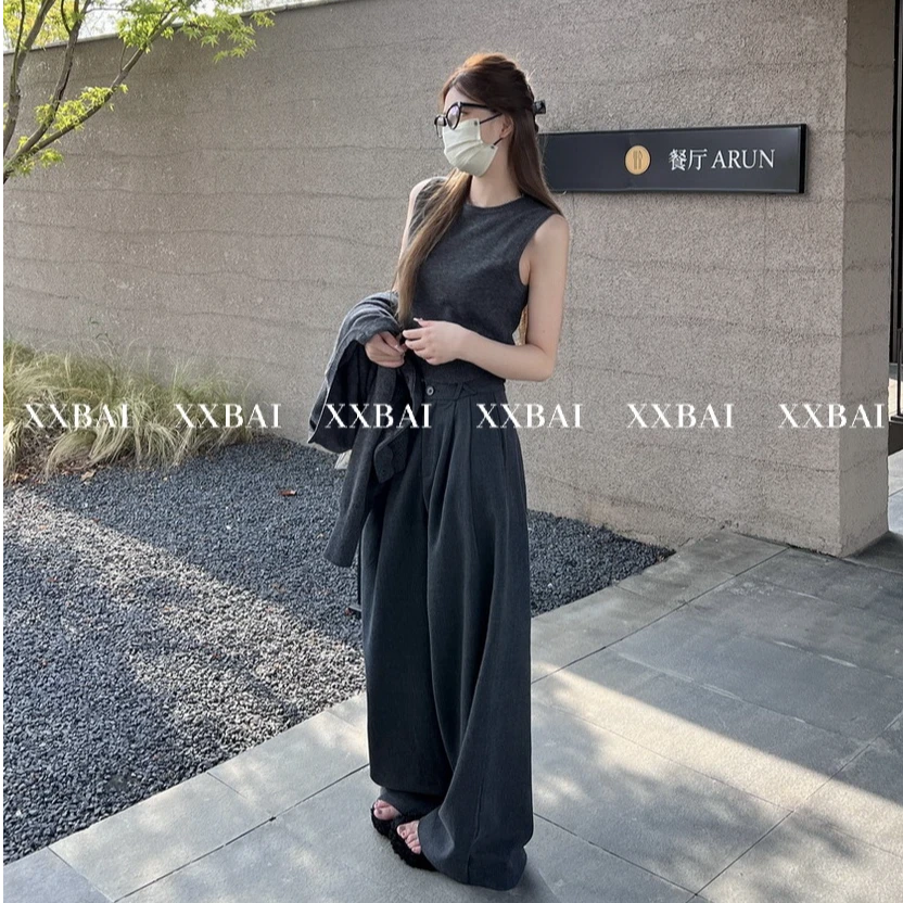 VUMP上身很jue！显瘦垂感灰色西装裤女小个子休闲直筒窄版阔腿裤子