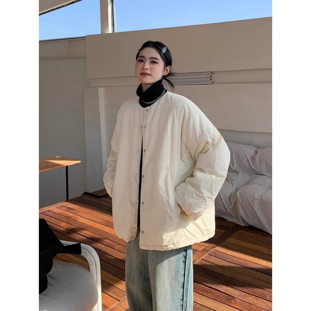 VUMP 秋冬季棉衣气质米白色肌理感圆领面包服女宽松保暖棉服外套