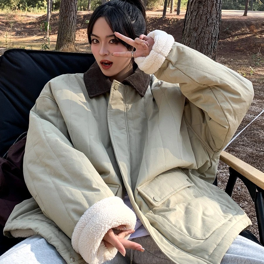 VUMP秋冬撞色灯芯绒拼接领棉衣外套女宽松羊羔绒棉服百搭保暖夹克
