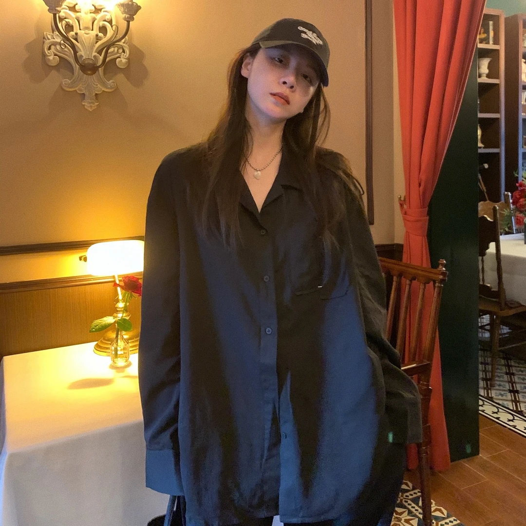VUMP 黑色长袖衬衫女春秋新款薄款宽松慵懒风休闲衬衣外套上衣ins