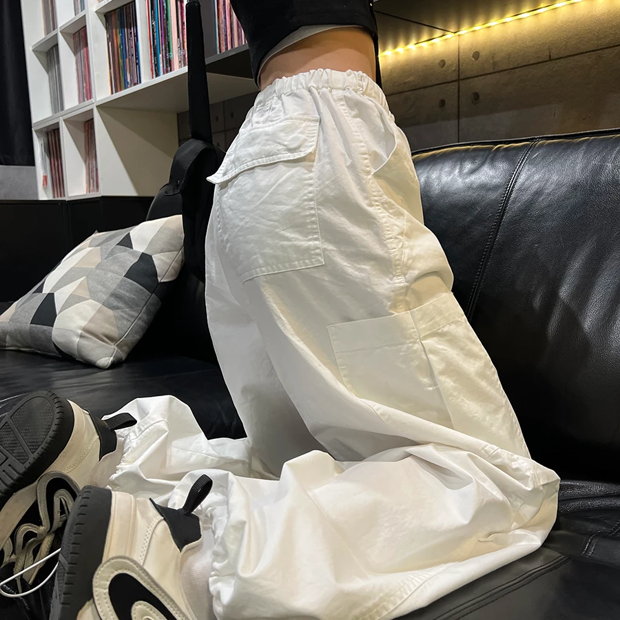 VUMP直筒工装裤女夏季薄款白色高腰阔腿束脚休闲抽绳降落伞裤简约