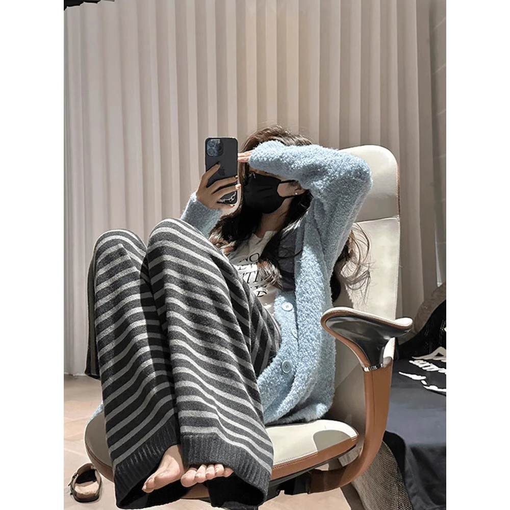 VUMP慵懒风休闲条纹拖地遛弯裤女宽松显瘦直筒裤抽绳针织阔腿长裤