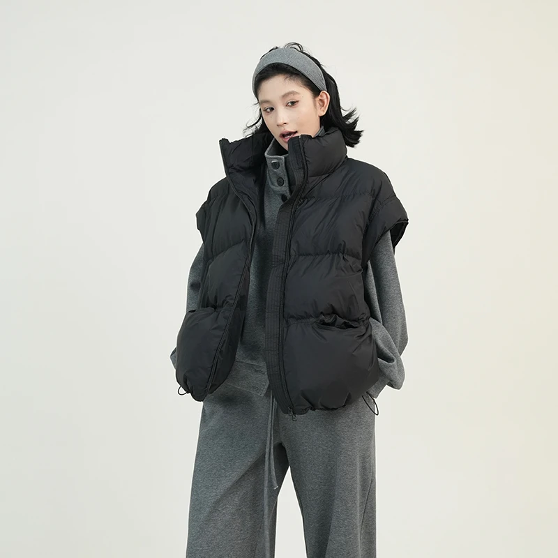 VUMP纯色白鸭绒立领无袖马甲羽绒服女秋冬季韩系宽松百搭外套上衣