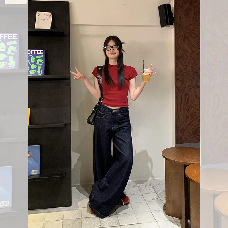 VUMP深蓝色直筒镰刀牛仔裤女春秋季新款小个子宽松复古阔腿拖地裤