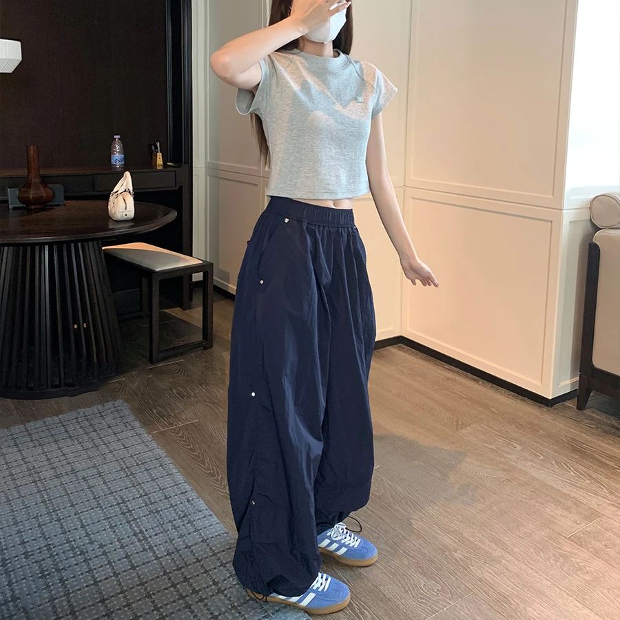 VUMP抽绳束脚工装休闲裤女新款春夏薄款设计感褶皱宽松美式长裤子