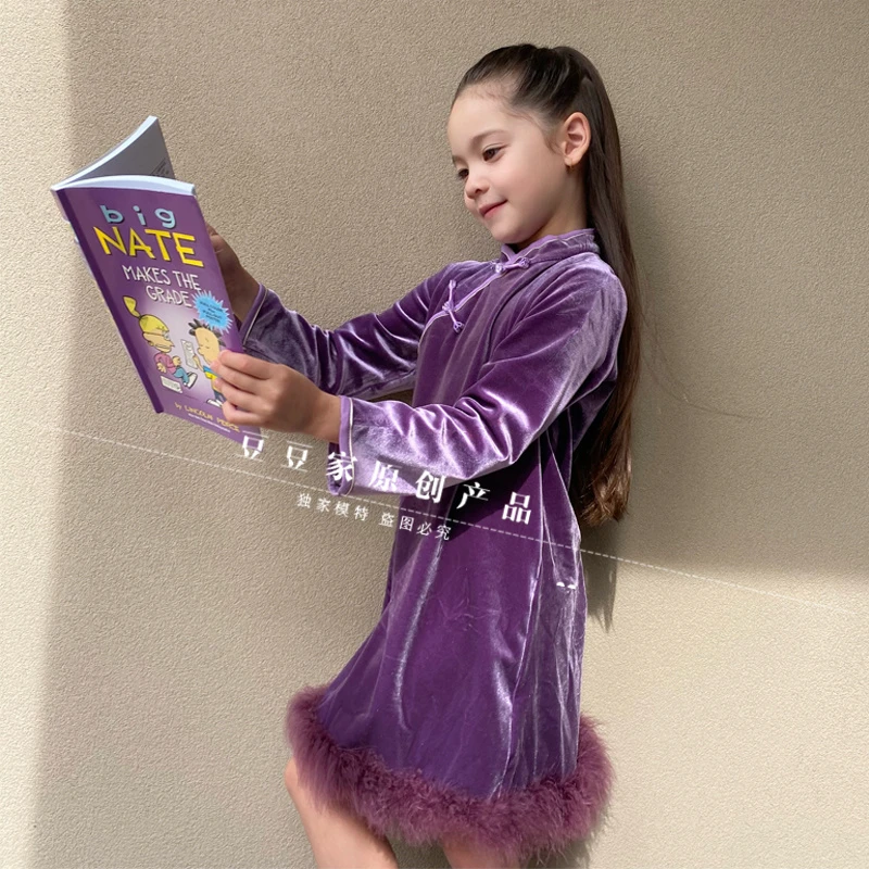 豆豆家原创2023秋新款女童国风旗袍儿童洋气旗袍裙古风羽毛连衣裙