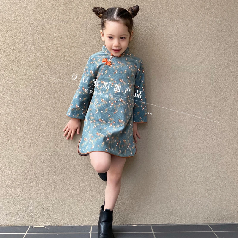 豆豆家儿童旗袍女童秋冬季洋装女宝宝灯芯绒旗袍裙小女孩碎花裙