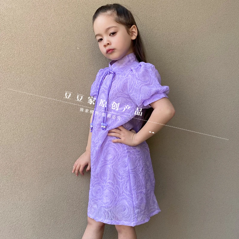 【香芋玫瑰】女童泡泡袖旗袍小女孩中式旗袍夏季新款女宝宝时尚