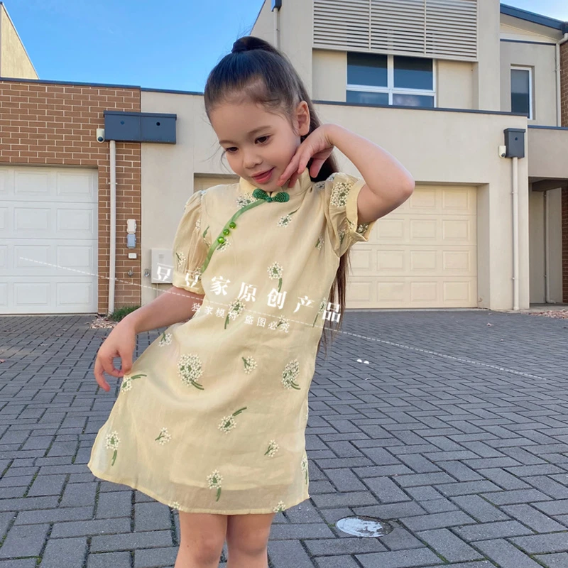 【白玉兰】女童连衣裙夏新款洋气小女孩旗袍碎花刺绣儿童旗袍