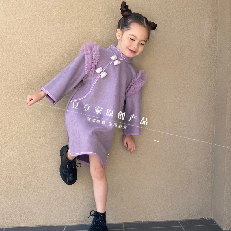 豆豆家原创儿童鹿皮绒旗袍女宝纱纱肩特色连衣裙女童国潮洋气旗袍