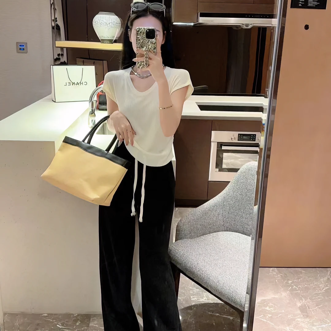 东大门U领简约韩版夏季新款修身显瘦时尚百搭气质纯色针织上衣