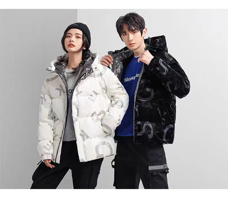 潮流加厚保暖连帽时尚亮面印花百搭休闲羽绒服宽松冬季