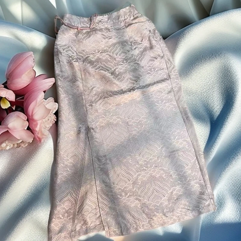 锦丝院整点福利断码【粉山】新中式时尚轻奢复古百搭半裙663012