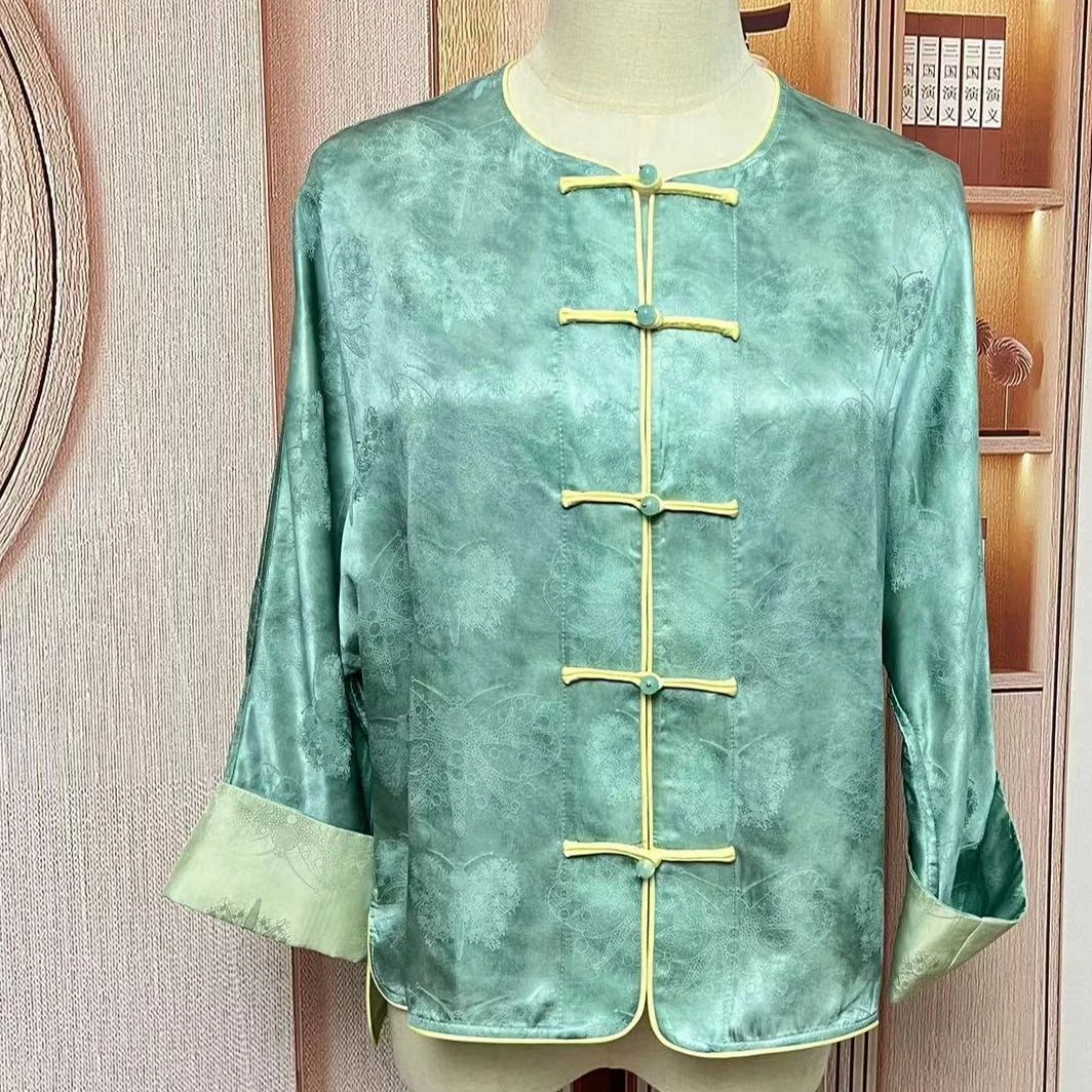 锦丝院微瑕【幻梦蝶】双面双穿桑蚕丝真丝提花上衣661588