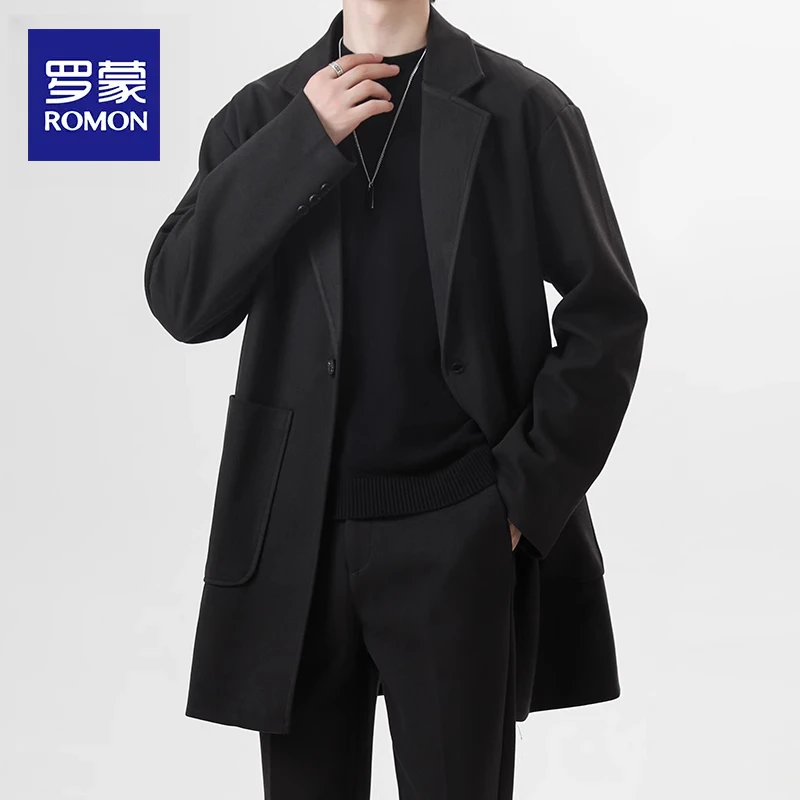 罗蒙毛呢大衣男中长款秋冬季厚款风衣男士韩版休闲呢子外套男西装