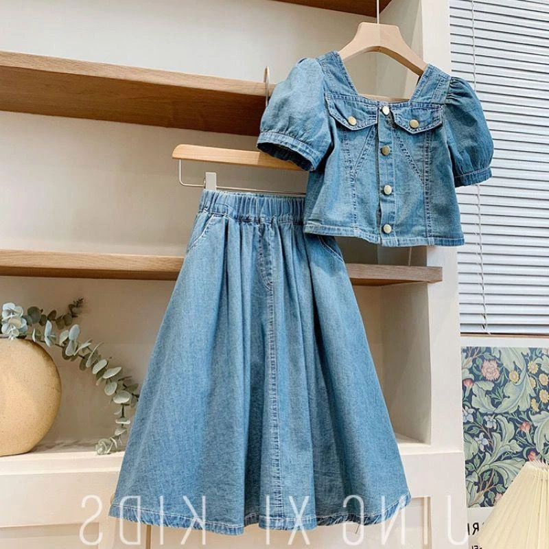 女童网红炸街套装2025夏装新款泡泡袖牛仔上衣半身裙大童两件套潮