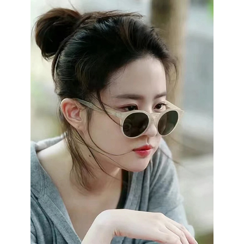 刘亦菲许红豆同款圆形旅游米白色墨镜女潮韩版小圆脸偏光太阳眼镜