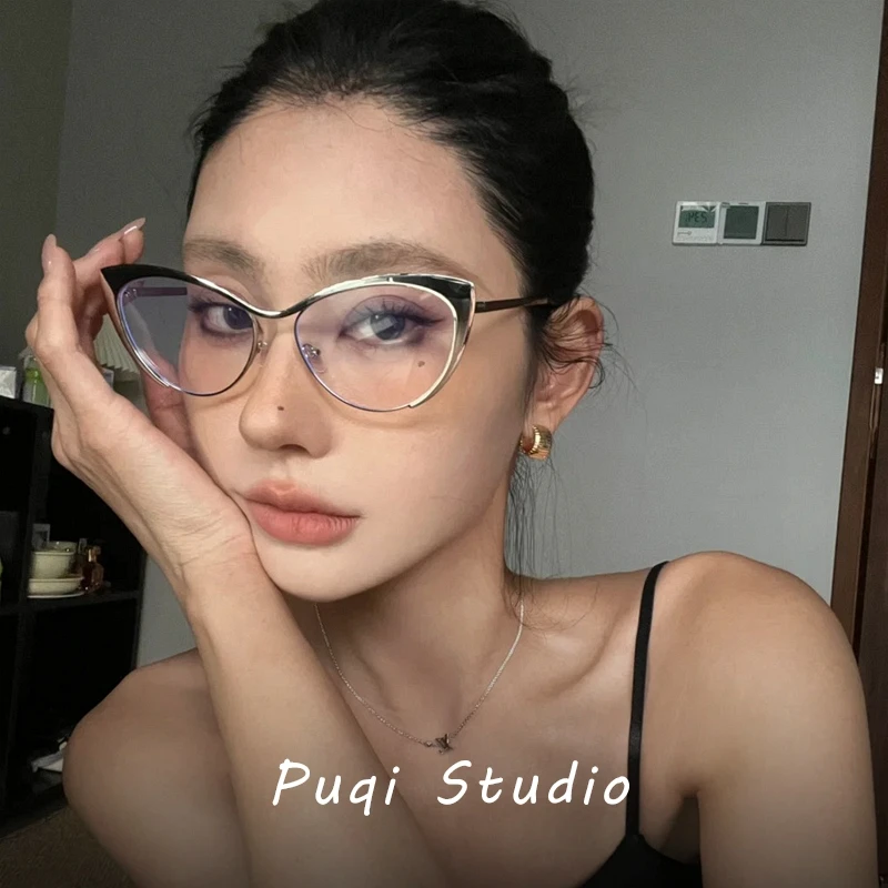 欧美复古可配度数素颜神器三角猫眼近视镜女眼镜框辣妹银边平光镜