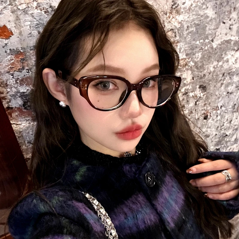 欧美复古小猫眼眼镜框女潮圆脸凹造型时髦高级感辣妹装饰平光眼镜