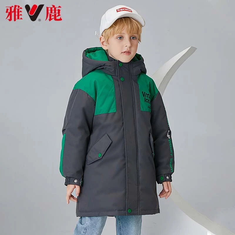 雅鹿儿童男童中长款羽绒服朝气中大童2023冬季拼色连帽保暖外套