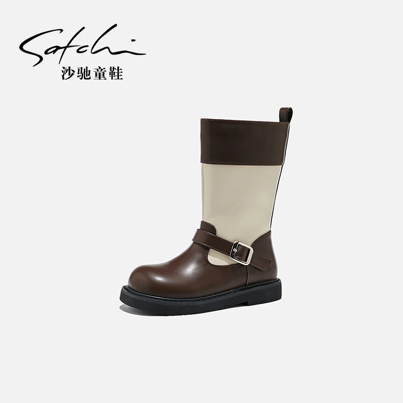 23147沙驰童鞋女童皮靴秋季新款高筒马丁靴中大童女孩长靴儿童靴