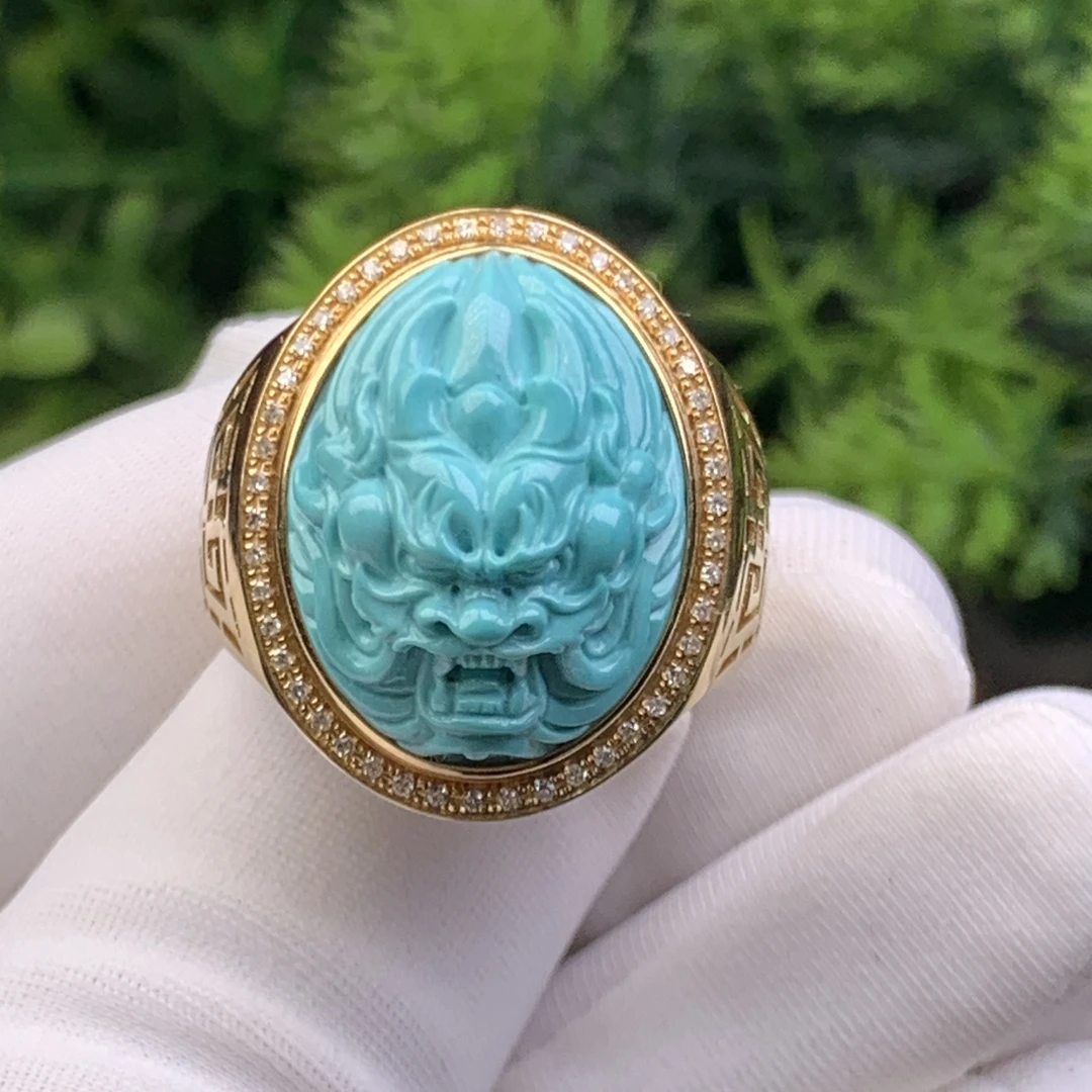 杨家绿松石原矿高瓷名家雕刻龙戒18k金镶嵌男士戒指