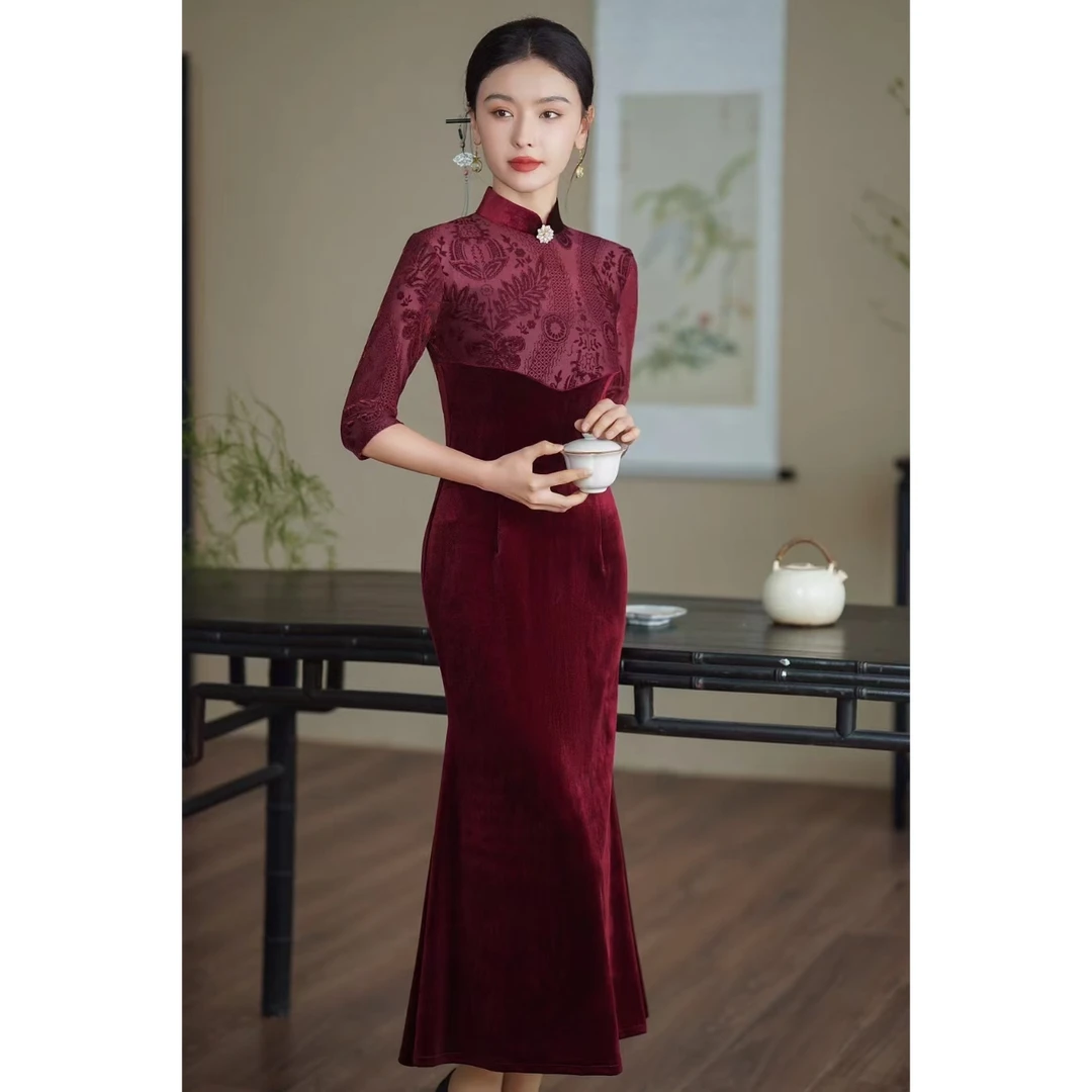 【幽影浮香】衣长125新款早秋款中袖复古中长高档文艺旗袍鱼尾裙
