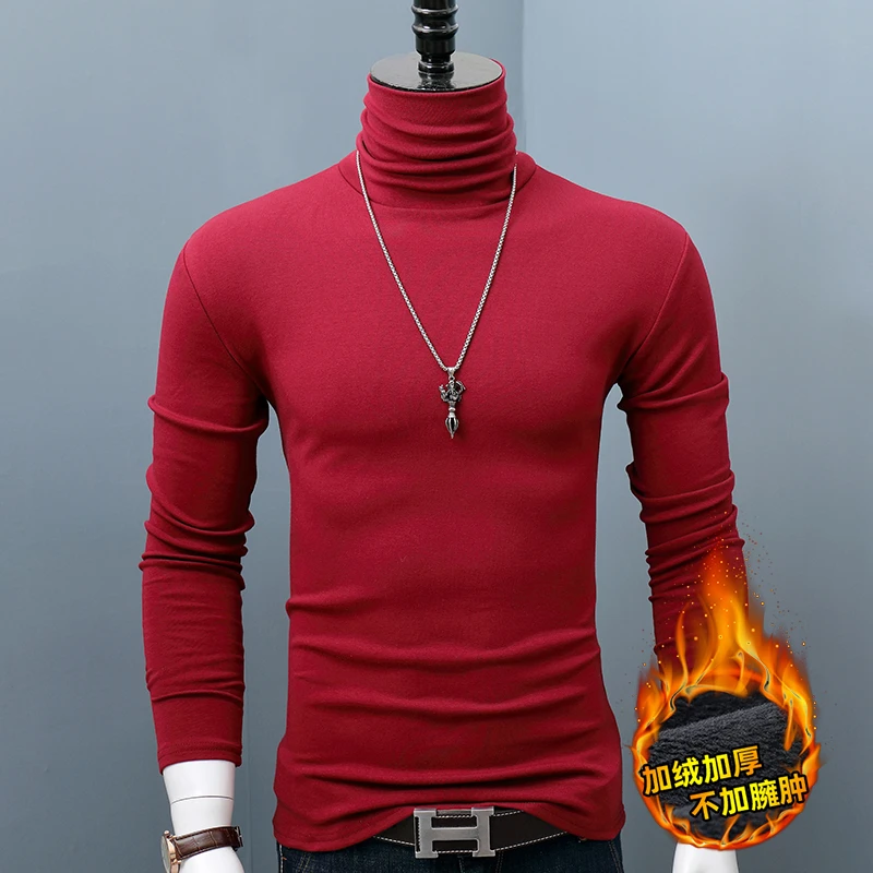 男士新款纯色长袖t恤修身百搭上衣秋冬季舒适高领加绒加厚打底衫
