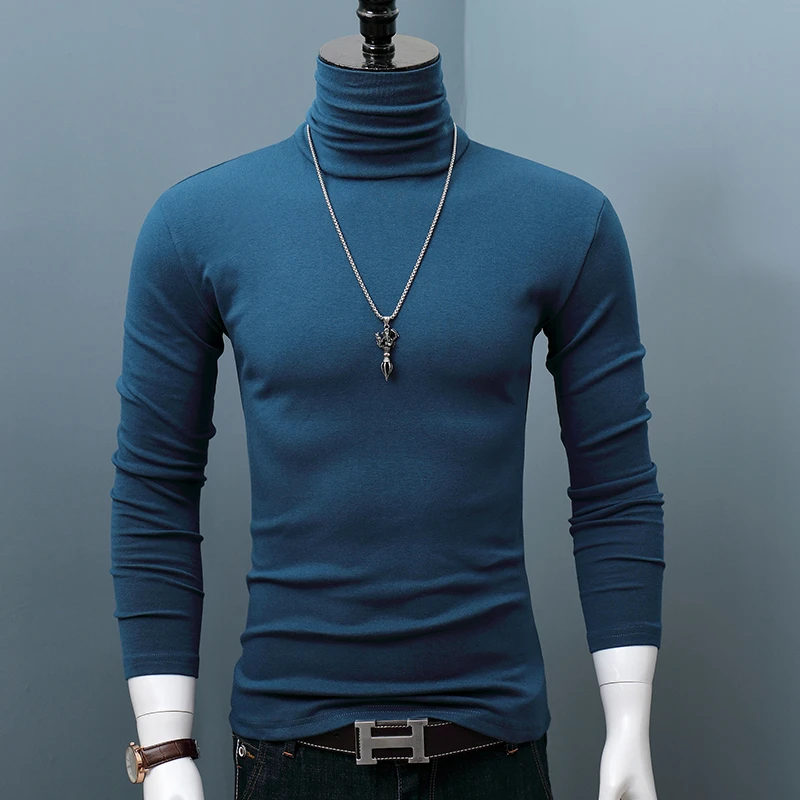 纯色休闲高领打底衫男士秋冬季内外搭新款简约修身上衣长袖t恤潮