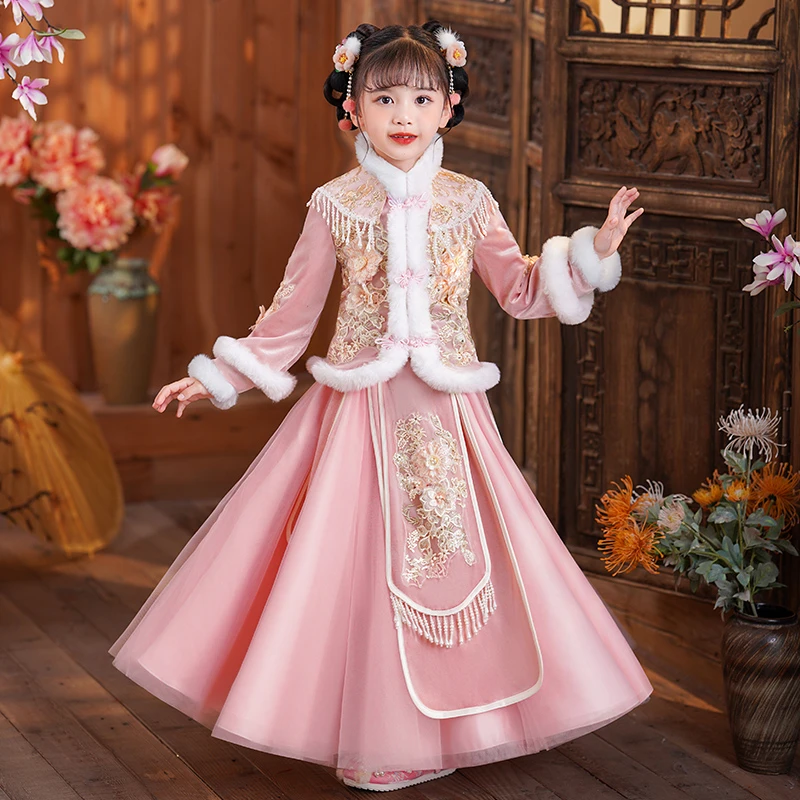 SL2598汉服女童冬季2024新款中国风冬款小女孩古风儿童古装连衣裙