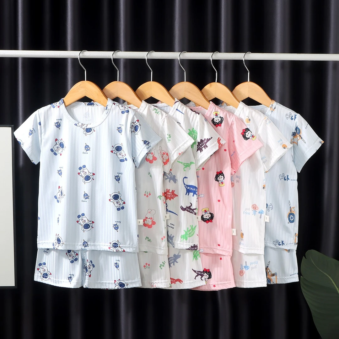 儿童冰丝短袖套装2024新款男童夏季短裤女童半袖卡通小童家居服