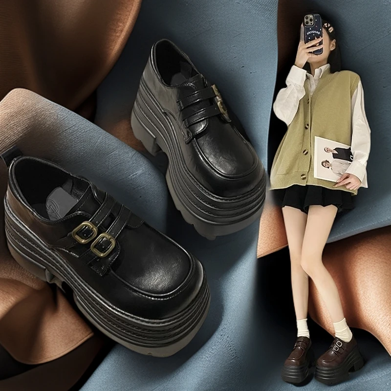 小豆妞2024新款欧货厚底增高10公分小个子时尚英伦风小皮鞋女鞋