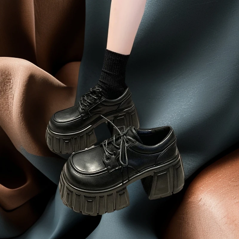 小豆妞2024新款厚底增高9公分系带英伦风百搭乐福鞋小皮鞋女鞋