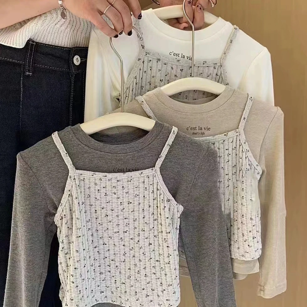 女童秋季新款打底衫长袖衫百搭韩版字母套头时尚洋气背心两件套潮