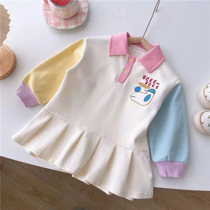 女童春秋新款polo翻领刺绣卫衣裙宝宝时尚百搭可爱春秋款连衣裙子