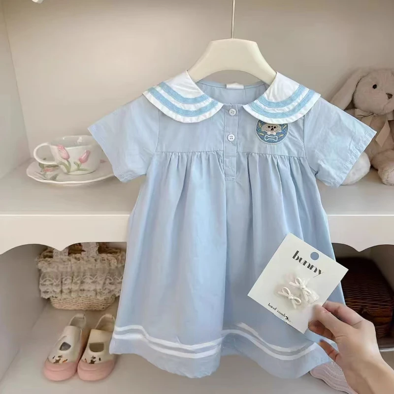 女童夏季新款刺绣海军领短袖连衣裙儿童时尚清新甜美夏装公主裙子