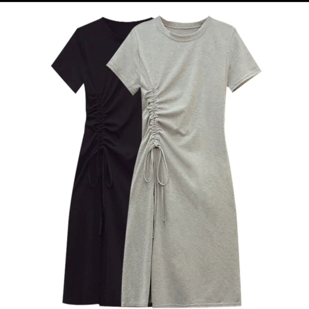 开叉连衣裙裙子显瘦气质时尚夏季收腰修身律动莫兰迪纯色抽绳小众