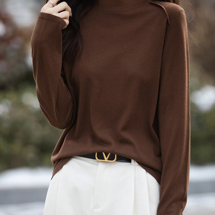 秋冬新款精纺羊毛半高领平袖打底衫