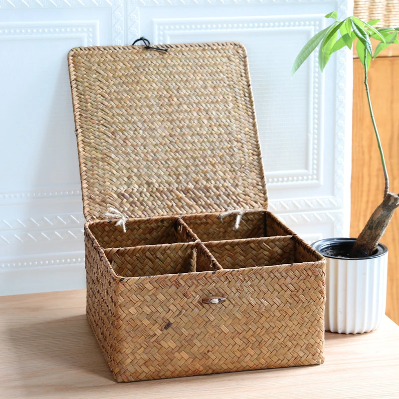 闲储草编分格收纳盒桌面分类整理盒子创意茶具茶杯茶叶收藏盒