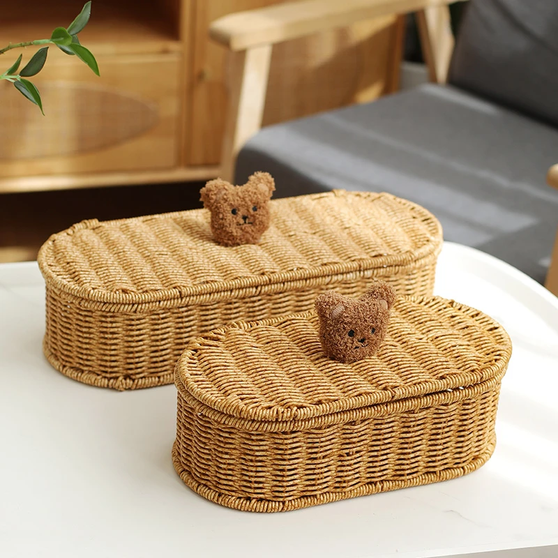 闲储创意小熊桌面收纳盒手工仿藤编卧室首饰收藏礼盒茶几遥控器篮