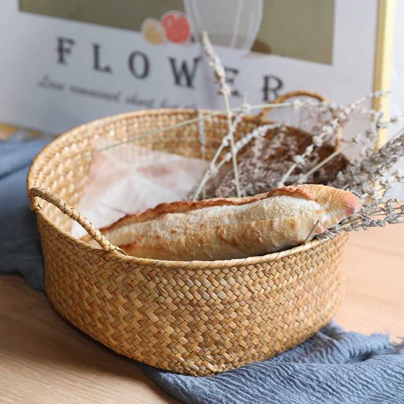 闲储闲储日式草编圆形果盘家用客厅零食面包筐手工编织鸡蛋筐文艺