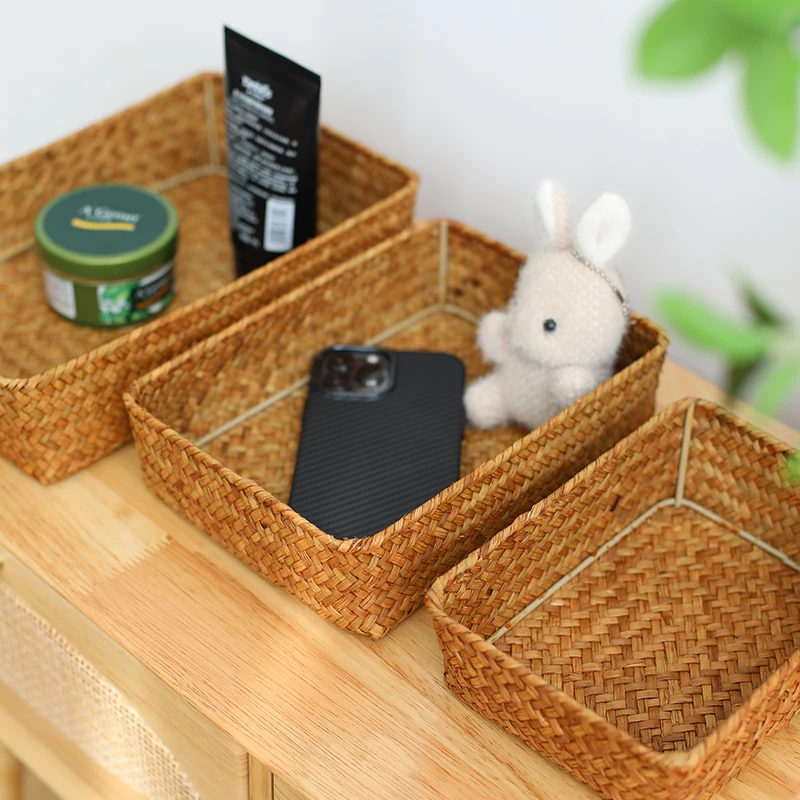 闲储海草编织桌面杂物盒洗漱护肤用品整理篮茶几遥控器钥匙收纳筐
