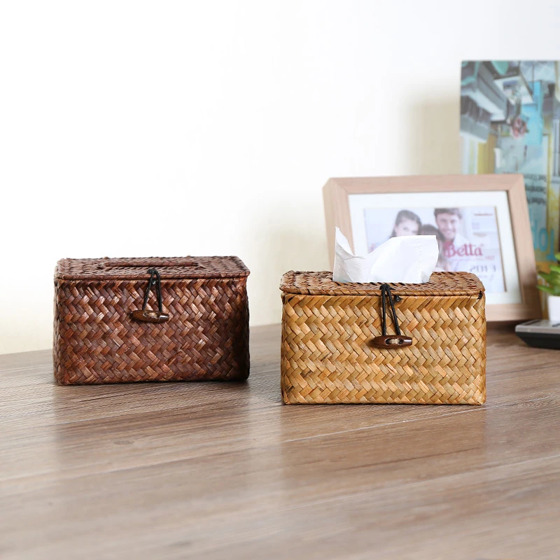 闲储纸巾盒简约草编 编织抽纸盒家用车载纸巾盒洗手间餐厅纸抽盒